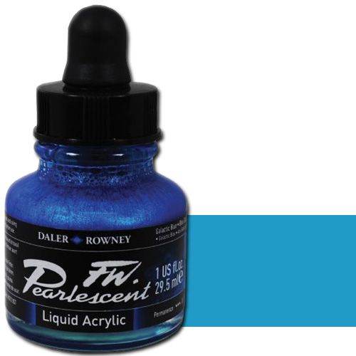 FW 603201112 Pearlescent Liquid Acrylic Ink, 1oz, Galactic Blue; Acrylic-based inks are water-soluble when wet, but dry to a water-resistant film on most surfaces; All colors are very to extremely lightfast; The best means of applying pearlescent colors is by using a dipper pen, ruling pen, or brush; Due to large pigment particles, these are not suitable for fine line nozzles for airbrushes, technical pens, or fountain pens; UPC N/A (FW603201112 FW 603201112 ALVIN PEARLESCENT 1oz GALACTIC BLUE)