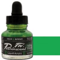 FW 603201115 Pearlescent Liquid Acrylic Ink, 1oz, Macaw Green; Acrylic-based inks are water-soluble when wet, but dry to a water-resistant film on most surfaces; All colors are very to extremely lightfast; The best means of applying pearlescent colors is by using a dipper pen, ruling pen, or brush; Due to large pigment particles, these are not suitable for fine line nozzles for airbrushes, technical pens, or fountain pens; UPC N/A (FW603201115 FW 603201115 ALVIN PEARLESCENT 1oz MACAW GREEN) 
