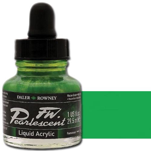 FW 603201115 Pearlescent Liquid Acrylic Ink, 1oz, Macaw Green; Acrylic-based inks are water-soluble when wet, but dry to a water-resistant film on most surfaces; All colors are very to extremely lightfast; The best means of applying pearlescent colors is by using a dipper pen, ruling pen, or brush; Due to large pigment particles, these are not suitable for fine line nozzles for airbrushes, technical pens, or fountain pens; UPC N/A (FW603201115 FW 603201115 ALVIN PEARLESCENT 1oz MACAW GREEN)