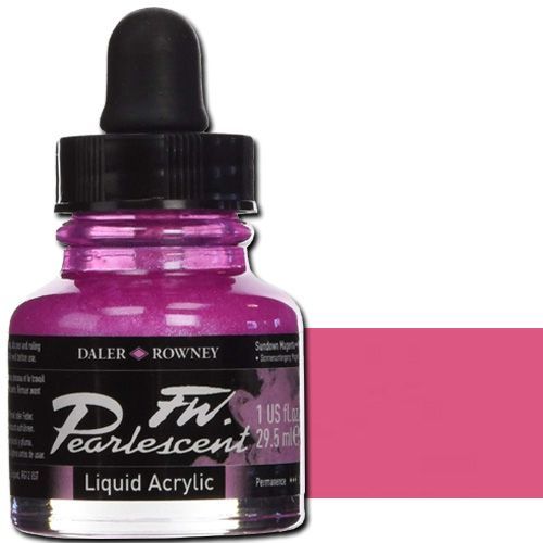 FW 603201120 Pearlescent Liquid Acrylic Ink, 1oz, Sundown Magenta; Acrylic-based inks are water-soluble when wet, but dry to a water-resistant film on most surfaces; All colors are very to extremely lightfast; The best means of applying pearlescent colors is by using a dipper pen, ruling pen, or brush; Due to large pigment particles, these are not suitable for fine line nozzles for airbrushes, technical pens, or fountain pens; UPC N/A (FW603201120 FW 603201120 ALVIN PEARLESCENT 1oz SUNDOWN MAGEN