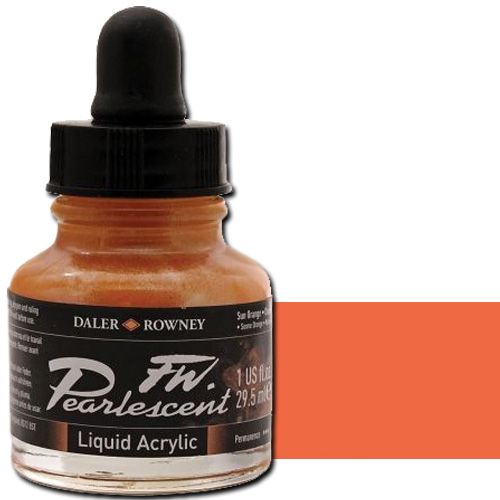 FW 603201121 Pearlescent Liquid Acrylic Ink, 1oz, Sun Orange; Acrylic-based inks are water-soluble when wet, but dry to a water-resistant film on most surfaces; All colors are very to extremely lightfast; The best means of applying pearlescent colors is by using a dipper pen, ruling pen, or brush; Due to large pigment particles, these are not suitable for fine line nozzles for airbrushes, technical pens, or fountain pens; UPC N/A (FW603201121 FW 603201121 ALVIN PEARLESCENT 1oz SUN ORANGE)