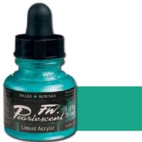 FW 603201124 Pearlescent Liquid Acrylic Ink, 1oz, Waterfall Green; Acrylic-based inks are water-soluble when wet, but dry to a water-resistant film on most surfaces; All colors are very to extremely lightfast; The best means of applying pearlescent colors is by using a dipper pen, ruling pen, or brush; Due to large pigment particles, these are not suitable for fine line nozzles for airbrushes, technical pens, or fountain pens; UPC N/A (FW603201124 FW 603201124 ALVIN PEARLESCENT 1oz WATERFALL GRE 