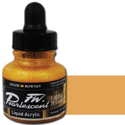 FW 603201126 Pearlescent Liquid Acrylic Ink, 1oz, Autumn Gold; Acrylic-based inks are water-soluble when wet, but dry to a water-resistant film on most surfaces; All colors are very to extremely lightfast; The best means of applying pearlescent colors is by using a dipper pen, ruling pen, or brush; Due to large pigment particles, these are not suitable for fine line nozzles for airbrushes, technical pens, or fountain pens; UPC N/A (FW603201126 FW 603201126 ALVIN PEARLESCENT 1oz AUTUMN GOLD)