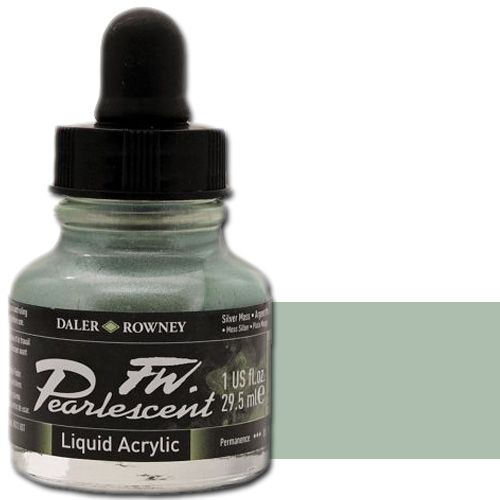 FW 603201129 Pearlescent Liquid Acrylic Ink, 1oz, Silver Moss; Acrylic-based inks are water-soluble when wet, but dry to a water-resistant film on most surfaces; All colors are very to extremely lightfast; The best means of applying pearlescent colors is by using a dipper pen, ruling pen, or brush; Due to large pigment particles, these are not suitable for fine line nozzles for airbrushes, technical pens, or fountain pens; UPC N/A (FW603201129 FW 603201129 ALVIN PEARLESCENT 1oz SILVER MOSS)