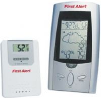 First Alert FWS-105 Weather Station Indoor / Outdoor temperature reading, Pressure trend indicator/ storm alarm, Animated graphic display, Programmable time and temperature alarm, Indoor humidity reading,  100 feet open area maximum Transmission Range, Time of day clock with alarm & snooze button, Fahrenheit / Celsius temperature scales, Wireless RF Remote temperature sensor, with 6 probe extension (FWS105 FWS 105) 