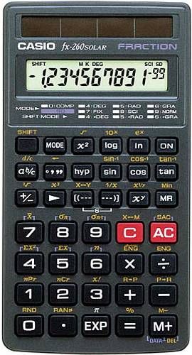 Casio FX-260SLRSC All Purpose Scientific Calculator; Offers fraction calculations, trigonometric functions and more; 10 + 2 Digits Display; Function/Mode Menus; Clear Last Entry & Clear All; Backspace; Fixed Decimal Capabilities; Random Number Generator; Standard Operating System; Protective Hard Case; Includes a slide-on hard case and it is solar powered; UPC 079767177232 (FX260SLRSC FX 260SLRSC)