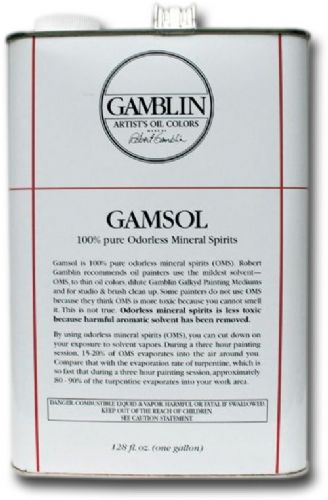 Gamblin G00099 Gamsol Oil 128 oz; Excellent solvents for thinning mediums and for general painting, including brush and studio clean up;  Safer for painters, paintings, and the environment than turpentine and harsh mineral spirits; Dimensions 3.50