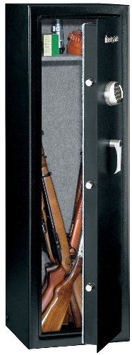 SentrySafe G1055E Fire-Safe 10-Gun Electronic Lock Safe, Solid steel pry-resistant door with concealed hinges to protect against theft & unauthorized entry, 3 steel live-locking bolts for added security, Hardened steel plate protects from drill attack, Bolt-down hardware included, Fixed shelf organizes ammunition & accessorie (G10-55E G10 55E G1055 Sentry Safe)