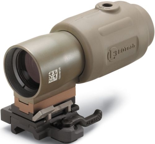 EOTech G23.FTSTAN Holographic Weapon Sight (HWS), Tan, For Law Enforcement/Militar Use, 3x magnifier with Flip-To-Side mount and quick detach, Works with all existing HWS units, Retrofits to all HWS models, Included 7mm riser for raised bases, Eye Relief 1.97