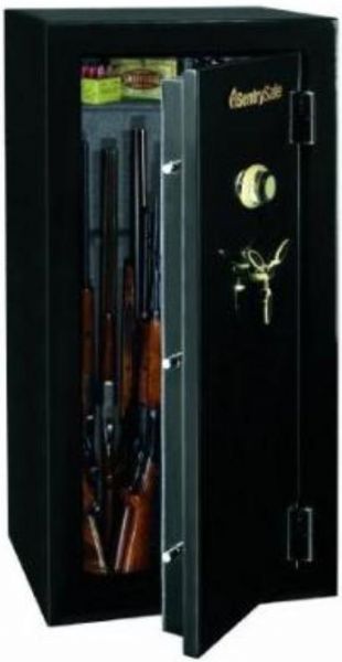 SentrySafe G2459C Gun Safe with Combination Lock, 24 Gun Capacity,  14.6 cu. ft. Capacity, Combination lock with 3 steel live locking bolts/3 dead bolts, Hardened steel plate, and concealed hinges, Carpeted interior and 4 way adjustable interior, Bolt down hardware included for additional security, 59H x 25W x 23D Exterior Dimensions, 58.7H X 24.7W X 18.4D Interior Dimensions (G-2459C G 2459C G2459 C G2459-C Sentry Safe)