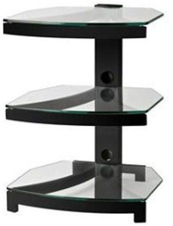 OmniMount G303BK model Steller Three-shelf  Audio/ Video Table Metal/Glass in Black Color, Designed for large audio components, Supports tabletop flat panels, Three floating shelf design, Integrated cable management, 29 tall,  250 lbs Video shelf capacity,  50 lbs  Audio shelf capacity, 10mm highly polished glass (G 303BK G-303BK G303 BK G303-BK)