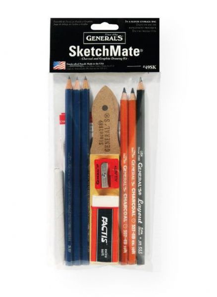 General's G49SK SketchMate Charcoal & Graphite Drawing Kit; Quality products for the professional or beginner; Set includes four Semi-Hex graphite drawing pencils, two charcoal pencils, sand paddle sharpener, white artist eraser, blending tortillion, and an all-art sharpener in a resealable bag; Content subject to change; Shipping Weight 0.25 lb; Shipping Dimensions 9.25 x 4.00 x 0.12 in; UPC 044974497497 (GENERALSG49SK GENERALS-G49SK SKETCHMATE-G49SK ARTWORK)