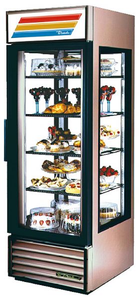 True G4SM-23 Glass Four Sided Merchandiser, 23 Cu.Ft, Door is self closing with a positive seal, torsion type closure system, 1 Door, 23 Cu.Ft Capacity, 4 Shelves, 1/2 HP, 115/60/1 Voltage, 10.0 Amps, 5-15P NEMA Config, 9 ft Cord Length, CFC free, polyurethane insulation, 375 lbs Crated Weight (G4SM23 G4SM 23 G4S-M23 G4-SM23 G4S-M23)