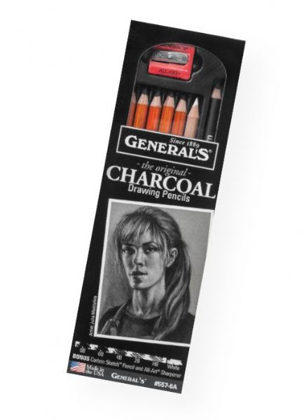 General's G557-6A Charcoal Drawing Pencil Set; This assortment contains HB, 2B, 4B, and two 6B charcoal drawing pencils, charcoal white pencil, carbon sketch pencil, and an all-art sharpener; Contents subject to change; Shipping Weight 0.01 lb; Shipping Dimensions 9.00 x 3.00 x 0.5 in; UPC 044974557061 (GENERALSG5576A GENERALS-G5576A GENERALS-G557-6A GENERALS/G5576A G5576A ARTWORK)