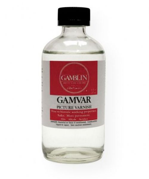 Gamblin 10058 Picture Varnish 8 oz; Increase depth and intensity of color! Goes on water-clear and stays water-clear while richly saturating colors; May be easily removed with Gamsol at any time; 8 oz; Shipping Weight 0.57 lb; Shipping Dimensions 2.25 x 2.25 x 5.50 inches; UPC 729911005163 (GAMBLIN10058 GAMBLIN-10058 PAINTING)