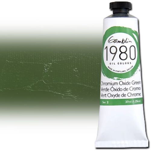 Gamblin 7215 Oil Color Paint, 1980, Chromium Oxide Green, 37ml; Gamblin 1980 Oil Colors offer artists true color, real value, and a better student grade paint, all handcrafted here in America; These paints allow artists to use color and texture without hesitation or reservation; Chromium Oxide Green; 37ml tube; Dimensions 4.00