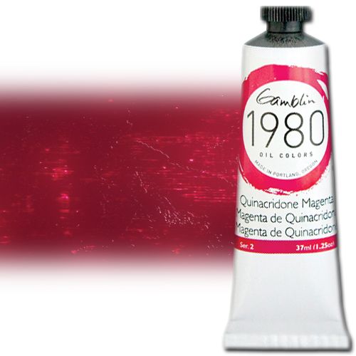 Gamblin 7580 Oil Color Paint, 1980, Quinacridone Magenta, 37ml; Gamblin 1980 Oil Colors offer artists true color, real value, and a better student grade paint, all handcrafted here in America; These paints allow artists to use color and texture without hesitation or reservation; Quinacridone Magenta; 37ml tube; Dimensions 4.00