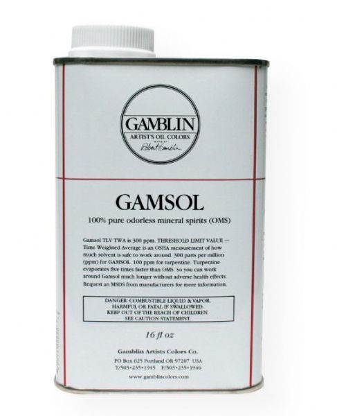 Gamblin G00090 Gamsol Oil 16 oz; Excellent solvents for thinning mediums and for general painting, including brush and studio clean up; Safer for painters, paintings, and the environment than turpentine and harsh mineral spirits; Shipping Weight 1.00 lb; Shipping Dimensions 1.00 x 4.00 x 6.00 in; UPC 729911000908 (GAMBLING00090 GAMBLIN-G00090 PAINTING)