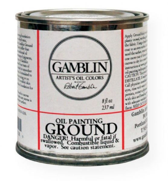Gamblin G01108 Ground 8oz; Bright white, non-absorbent ground like a traditional oil ground creates a solid foundation for oil painting; Paintings made on non-absorbent grounds are brighter because the oil is retained in the paint layers rather than absorbed into the ground; Grounds make canvas and linen stiffer than acrylic gesso and more flexible than oil primers; UPC 729911011089 (GAMBLING01108 GAMBLIN-G01108 GAMBLIN/G01108 PAINTING)