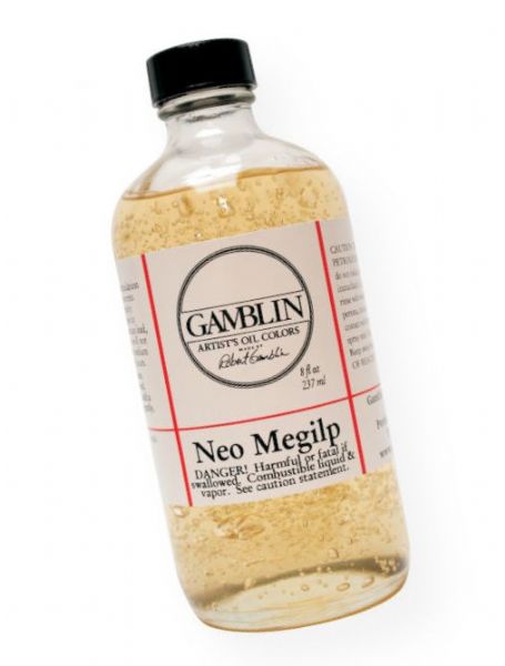 Gamblin G03508 Neo-Megilp 8 oz; Medium viscosity and medium dry; Gives body to paint and decreases viscosity while suspending and supporting paint in a soft, silky gel; This product can be used to produce a luminous Turner-like effect; Will not darken or brittle, and allows paint to be workable for hours; Shipping Weight 0.57 lb; Shipping Dimensions 2.25 x 2.25 x 5.5 in; UPC 729911035085 (GAMBLING03508 GAMBLIN-G03508 PAINTING)