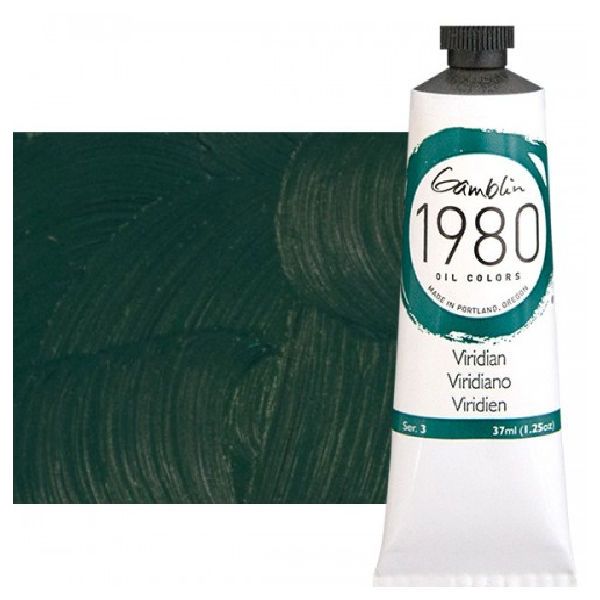 Gamblin G7740, 1980 Oil Color Paint Viridian 37ml; The Gamblin's 1980 oil colors paint are made with pure pigments, the finest refined linseed oil and real value; This line of student grade oil paint offers artists true colors and a smooth application; Instead of a homogenized texture or muddy color mixtures; Dimensions 4