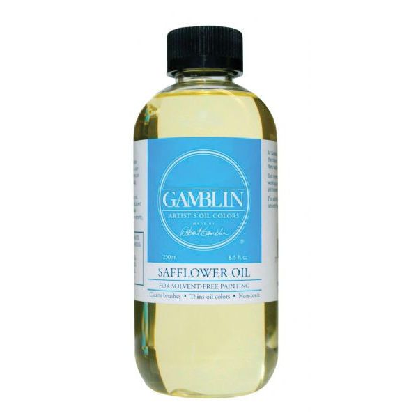 Gamblin GB09008, Safflower Oil Medium 8.5oz/250ml; Works great as a brush cleaner during a painting session; After painting, artists can clean brushes further with Gamsol or soap and water; When used as a painting medium, it will increase flow and slow drying; 8.5oz/250ml; Dimensions 2.00