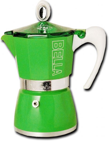 G.A.T. 10-4803 Bella Stovetop Maker, Tropics Green, 3 Cup, Aluminum; G.A.T. 3-Cup Aluminum Stove-top, Tropics Green; A new twist on a classic coffee maker, Totally re-designed for ease of use; Can be used on gas, electric or Induction stove tops; G.A.T. pots feature a teflon coated lower boiler, wide grip handles, and see-thru lids; UPC 725182408030 (GAT104803 G.A.T. 10-4803 EUROPEAN GIFT ESPRESSO STOVE-TOP MOKA)