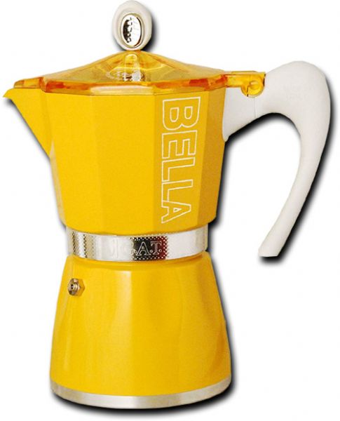 G.A.T. 10-5806 Bella Stovetop Maker, Sunset Yellow, 6 Cup, Aluminum; G.A.T. 6-Cup Aluminum Stove-top, Sunset Yellow; A new twist on a classic coffee maker! Totally re-designed for ease of use; Can be used on gas, electric or Induction stove tops; G.A.T. pots feature a teflon coated lower boiler, wide grip handles, and see-thru lids; UPC 725182508068 (GAT105806 G.A.T. 10-5806 EUROPEAN GIFT ESPRESSO STOVE-TOP MOKA)