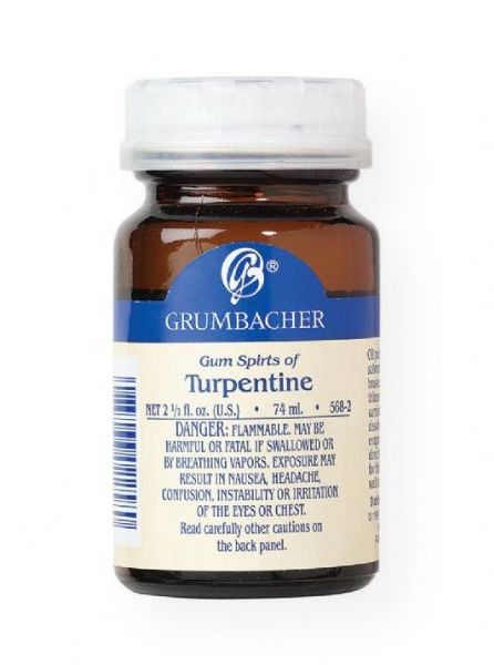 Grumbacher GB568-2 Turpentine 2 oz; Pure spirits of gum turpentine for use with linseed or other oils as a medium for artists' oil colors; For thinning certain varnishes and for cleaning equipment; Shipping Weight 0.18 lb; Shipping Dimensions 1.62 x 1.62 x 3.00 in; UPC 014173356321 (GRUMBACHERGB5682 GRUMBACHER-GB5682 GRUMBACHER-GB568-2 GRUMBACHER/GB5682 GB5682 ARTWORK)