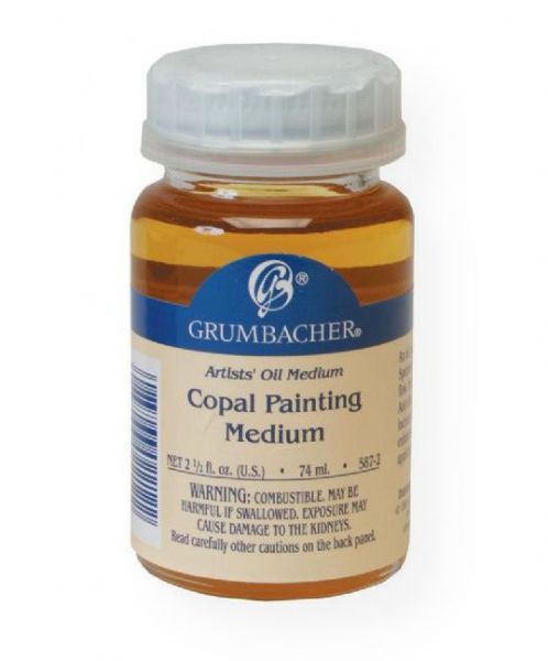 Grumbacher GB5872 Copal Painting Medium 74ml; A resinous painting medium for glazing and wet-in-wet techniques, made from highest grade synthetic alkyd resin, stand oil, and Grumtine; Facilitates thin fluid passages, as well as heavy impasto; Shipping Weight 1.00 lb; Shipping Dimensions 2.5 x 2.5 x 5.25 in; UPC 014173356529 (GRUMBACHERGB5872 GRUMBACHER-GB5872 GRUMBACHER/GB5872 ARTWORK PAINTING)