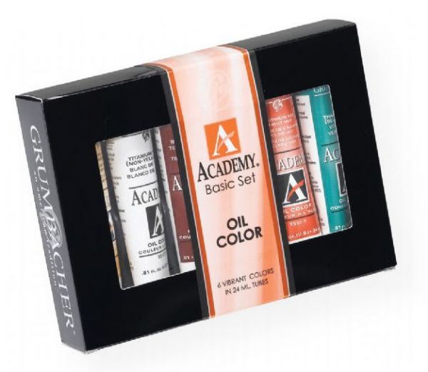 Grumbacher GBAOS0624 Academy Oil Paint 6-Color Set; Quality oil paint produced in the tradition of the old masters; The wide range of rich, vibrant colors has been popular with artists for generations; 24ml tubes in 6 colors: Alizarin Crimson, Cadmium Yellow Medium, Yellow Ochre, Ultramarine, Viridian, Burnt Sienna; Shipping Weight 0.52 lb; Shipping Dimensions 5.88 x 1.12 x 4.25 in; UPC 014173367006 (GRUMBACHERGBAOS0624 GRUMBACHER-GBAOS0624 ACADEMY-GBAOS0624 PAINTING)