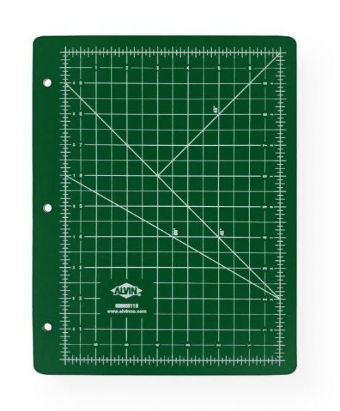 Alvin GBM0811H GBM Series Green/Black Professional Self-Healing Cutting Mat For 3-Ring Binders; Same professional quality and 3mm thickness as other Alvin mats but these include holes for fitting conveniently into 3-ring binders; 8.5