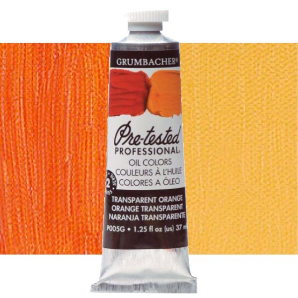 Grumbacher GBP005GB Pre-Tested Artists' Oil Color Paint 37ml Transparent Orange; The Paint comes with rich, creamy texture combined with a wide range of vibrant colors; Each color is comprised of pure pigments and refined linseed oil, tested several times throughout the manufacturing process; The result is consistently smooth, brilliant color with excellent performance and permanence; Dimensions 3.25
