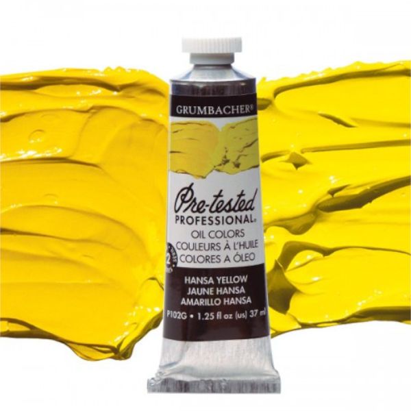 Grumbacher GBP102GB Pre-Tested Artists' Oil Color Paint 37ml Hansa Yellow; The Paint comes with rich, creamy texture combined with a wide range of vibrant colors; Each color is comprised of pure pigments and refined linseed oil, tested several times throughout the manufacturing process; The result is consistently smooth, brilliant color with excellent performance and permanence; Dimensions 3.25