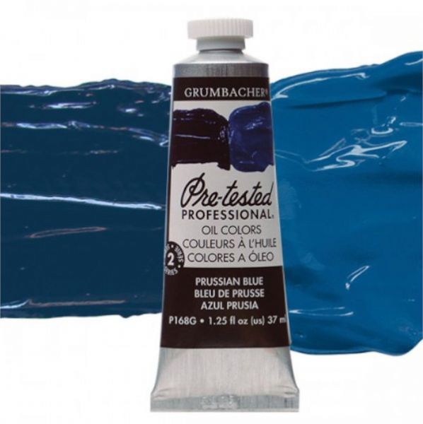 Grumbacher GBP168GB Pre-Tested Artists' Oil Color Paint 37ml Prussian Blue; The Paint comes with rich, creamy texture combined with a wide range of vibrant colors; Each color is comprised of pure pigments and refined linseed oil, tested several times throughout the manufacturing process; The result is consistently smooth, brilliant color with excellent performance and permanence; Dimensions 3.25