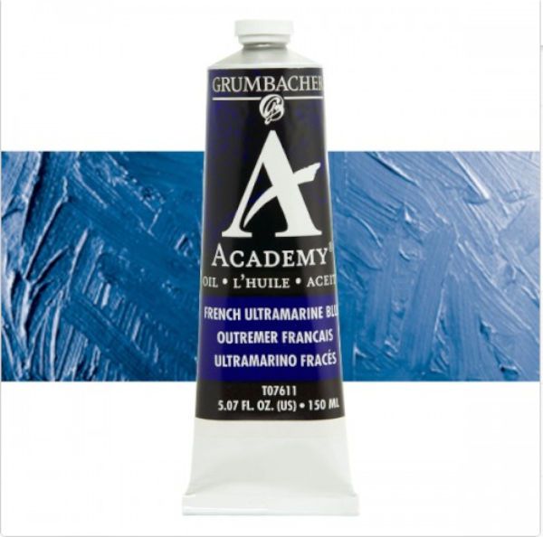 Grumbacher GBT07611 Academy Oil Paint, 150 ml, French Ultramarine Blue; Quality oil paint produced in the tradition of the old masters; Features an ASTM lightfast; The wide range of rich, vibrant colors has been popular with artists for generations; 150ml tube; Transparency rating: T=transparent; Dimensions 2.00