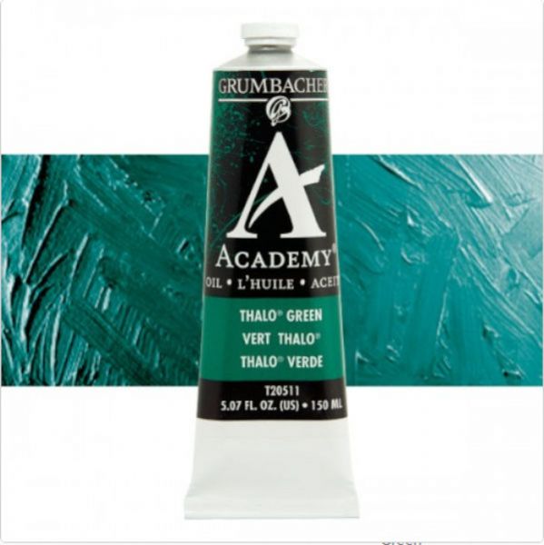 Grumbacher GBT20511 Academy Oil Paint, 150 ml, Phthalo Green; Quality oil paint produced in the tradition of the old masters; Features an ASTM lightfast; The wide range of rich, vibrant colors has been popular with artists for generations; 150ml tube; Transparency rating: T=transparent; Dimensions 2.00