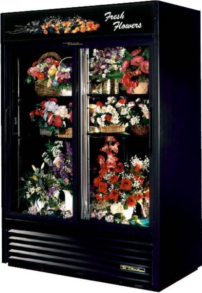 True GDM-47FC Merchandiser Floral Case Refrigerator, 2 Slide Glass Doors, 47 cu. ft. (1332 lt), 4 shelves, special interior agro lighting, self-closing doors, black vinyl-exterior and interior (GDM47FC GDM 47FC)