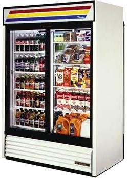 True GDM-47RL Slide Door Rear Load Merchandiser Refrigerator, 2 Front / 2 Back slide Doors, 47 cu. ft. (1332 lt), 8 shelves, self closing doors, fluorescent interior lighting (GDM47RL GDM 47RL GDM47-RL GDM47 RL)