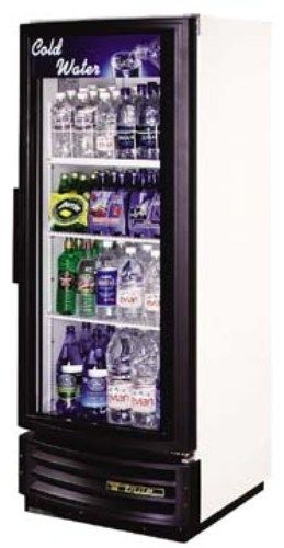 True GDM-12RF; Radius Front Merchandiser Refrigerator, One-Section, 12 cu. ft., 3 shelves, laminated vinyl exterior, white, 3 Adjustable, heavy duty, PVC coated wire shelves, White aluminum interior with a 300 series stainless steel floor (GDM12RF GDM-12-RF GDM12-RF GDM-12-R-F)