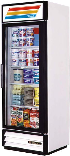 True GDM-19 Swing Glass Door Refrigerator Merchandiser, 19 Cu.Ft., 4 shelves, laminated vinyl exterior, white anodized interior w/300 series s/s floor (GDM 19 GDM19)