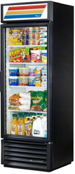True GDM-19T-LD Swing Glass Door Merchandiser Refrigerator LED, 8.1 Amps, Bottom Compressor Location, 19 Cubic Feet, Glass Door Type, 1/3 Horsepower, 60 Hz, 1 Number of Doors, Swing Opening Style, 1 Phase, 4 Shelves, Floor Model Spatial Orientation, 33F - 38F Temperature, 115 Voltage, Internal lighting for easy illumination, Proper air sealing and temperature control, 78.63