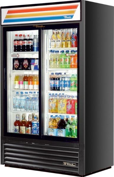 True GDM-41-LD Slide Glass Door Merchandiser Refrigerator LED, 6.2 Amps, 41 Cubic Feet, Glass Door Type, 1/3 Horsepower, 60 Hz., 2 Number of Doors, Sliding Opening Style, 1 Phase,  8 Shelves, Floor Model Spatial Orientation, Bottom Compressor Location , Durable, non-peel or chip, laminated vinyl exterior, Energy efficient thermal glass doors on front of refrigerator, NSF approved aluminum with stainless steel floors (GDM41LD GDM-41-LD GDM 41 LD)