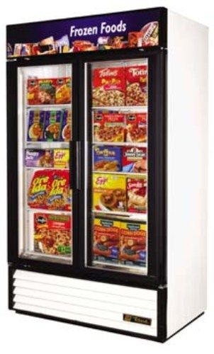 True GDM-43F Glass Door Freezer, Swing Doors 2, Cu.Ft. 40.6, 8 Shelves, HP: 1; Amps: 12.8; Crated Weight: 590 lbs.; Dimensions: L x D x H: 47 x 29-1/2 x 78-1/4; Refrigeration system holds -10F (-23.3C); White laminated vinyl exterior; White, vinyl coated aluminum interior and 300 series stainless steel bottom (NSF approved) (GDM43F GDM 43F GDM-43 GDM43)