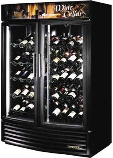 True GDM-49W-RF Glass Door Wine Merchandiser - Radius Front - 49 Cu.Ft., Durable and permanent non-peel or chip black vinyl exterior, Black aluminum interior with a mirrored back and a 300 series stainless steel floor (GDM49W-RF  GDM-49WRF  GDM49WRF  GDM-49-WRF) 
