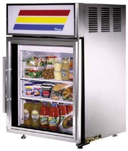 True GDM-5-S Countertop Refrigerator Merchandiser, Stainless Steel Glass Door, 2 Shelves, -10F, 5 cu ft, Stainless steel exterior and white aluminum interior with a 300 series stainless steel floor, 2 adjustable, heavy duty, PVC coated wire shelves, Energy efficient, thermal glass swing door (GDM 5 S   GDM5S)
