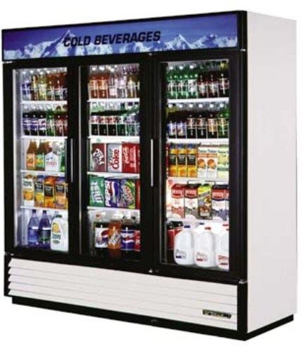 True GDM-72-RC Remote Glass Door Refrigerator, Swing Doors, 72 Cu. Ft., Safety shielded fluorescent interior lighting for longer, brighter, shadow-free illumination, Interior- attractive, NSF approved, white vinyl coated aluminum with 300 series stainless steel floor with convenient clean out drain  (GDM 72 RC   GDM72RC  GDM-72-R  GDM-72  GDM72R GDM72) 