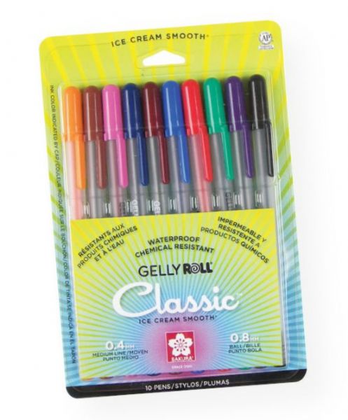 Gelly Roll 37460 Medium Point Gel Pen 10-Pack; Pens use a 0.8mm ball and write in a medium 0.4mm line; Archival quality ink is waterproof and fade resistant; No smears, feathers, or bleed-through on most papers; Ice cream smooth!; Set includes 10 pens: Black, Blue, Red, Green, Brown, Purple, Orange, Royal Blue, Pink, Burgundy; Colors subject to change; Shipping Weight 0.31 lb; Shipping Dimensions 7.5 x 3.25 x 0.5 in; UPC 053482374602 (GELLYROLL37460 GELLYROLL-37460 ARTWORK DRAWING)