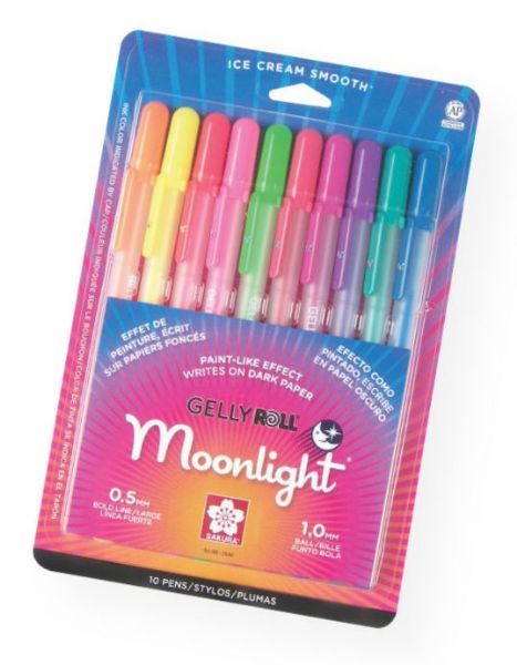 Gelly Roll 38176 MoonLight Gel Pen 10-Pack; Moonlight pens are glowing, fluorescent, and luminous colors that are bright and bold on light and dark papers; All acid-free, archival, fade-resistant, and waterproof; Set includes 10 pens: Fluorescent Yellow, Fluorescent Orange, Fluorescent Vermillion, Fluorescent Pink, Fluorescent Green, Red, Rose, Purple, Green, Blue; Colors subject to change; Shipping Weight 1.00 lb; UPC 053482381761 (GELLYROLL38176 GELLYROLL-38176 MOONLIGHT-38176 DRAWING ARTWORK)