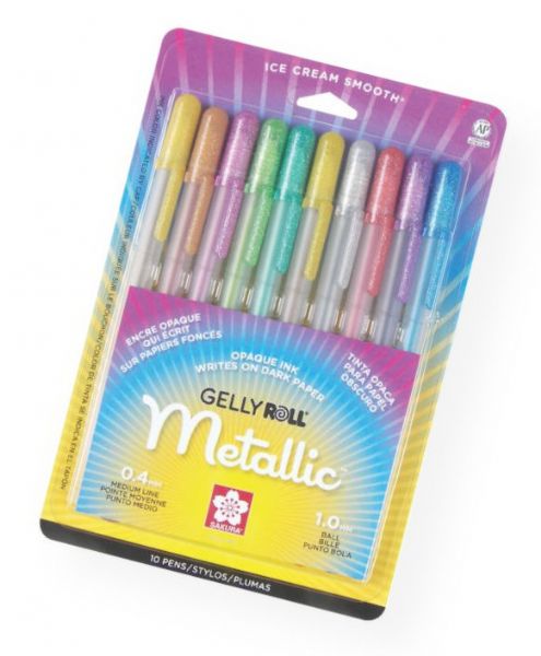Gelly Roll 57370 Metallic Gel Pen 10-Pack; Improved metallic colors write on light and dark papers, as well as glossy and matte surfaces; Archival-quality ink is waterproof, chemical-proof, and fade-resistant; Will not smear or feather when dry; Use for notes, invitations, greeting cards, scrapbooking, rubberstamping, embellishing, and more; 1.0mm; AP non-toxic; UPC 053482573708 (GELLYROLL57370 GELLYROLL-57370 DRAWING ARTWORK)